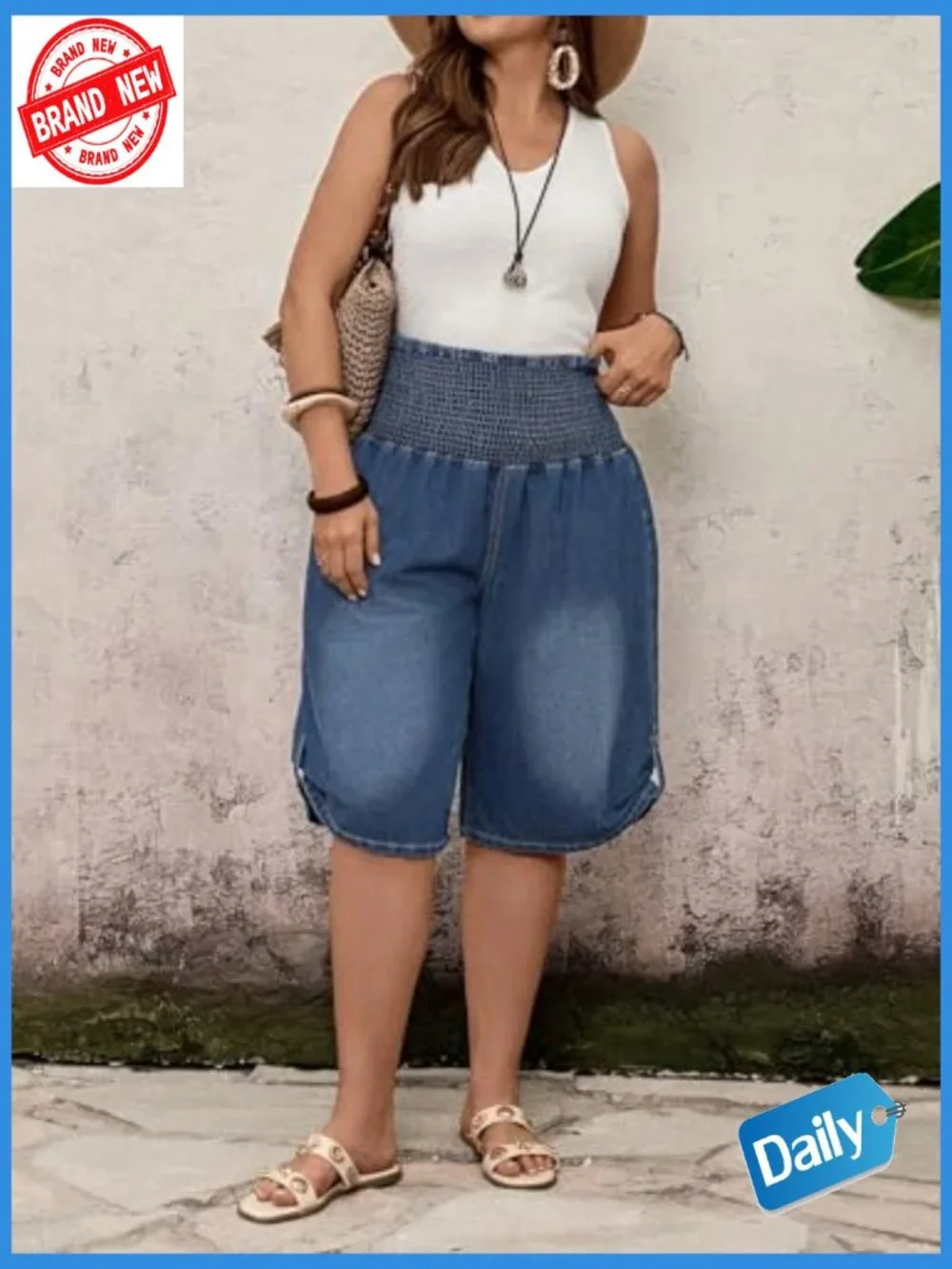 Plus Size Baggy Jean Shorts High Waisted Wide Leg Knee Length Casual Denim
